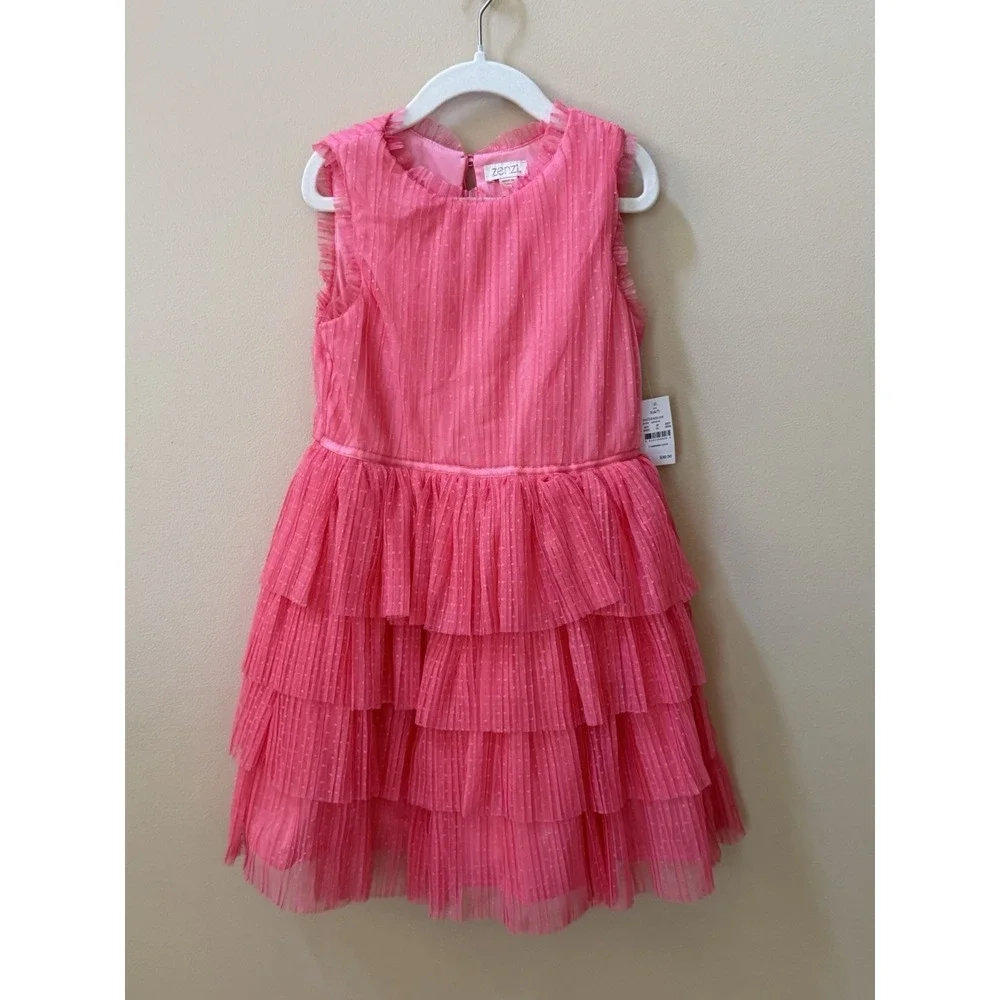 NEW Zenzi Girls Sleeveless Tiered Ruffle Tulle Dress Watermelon Size S (6/7) NWT